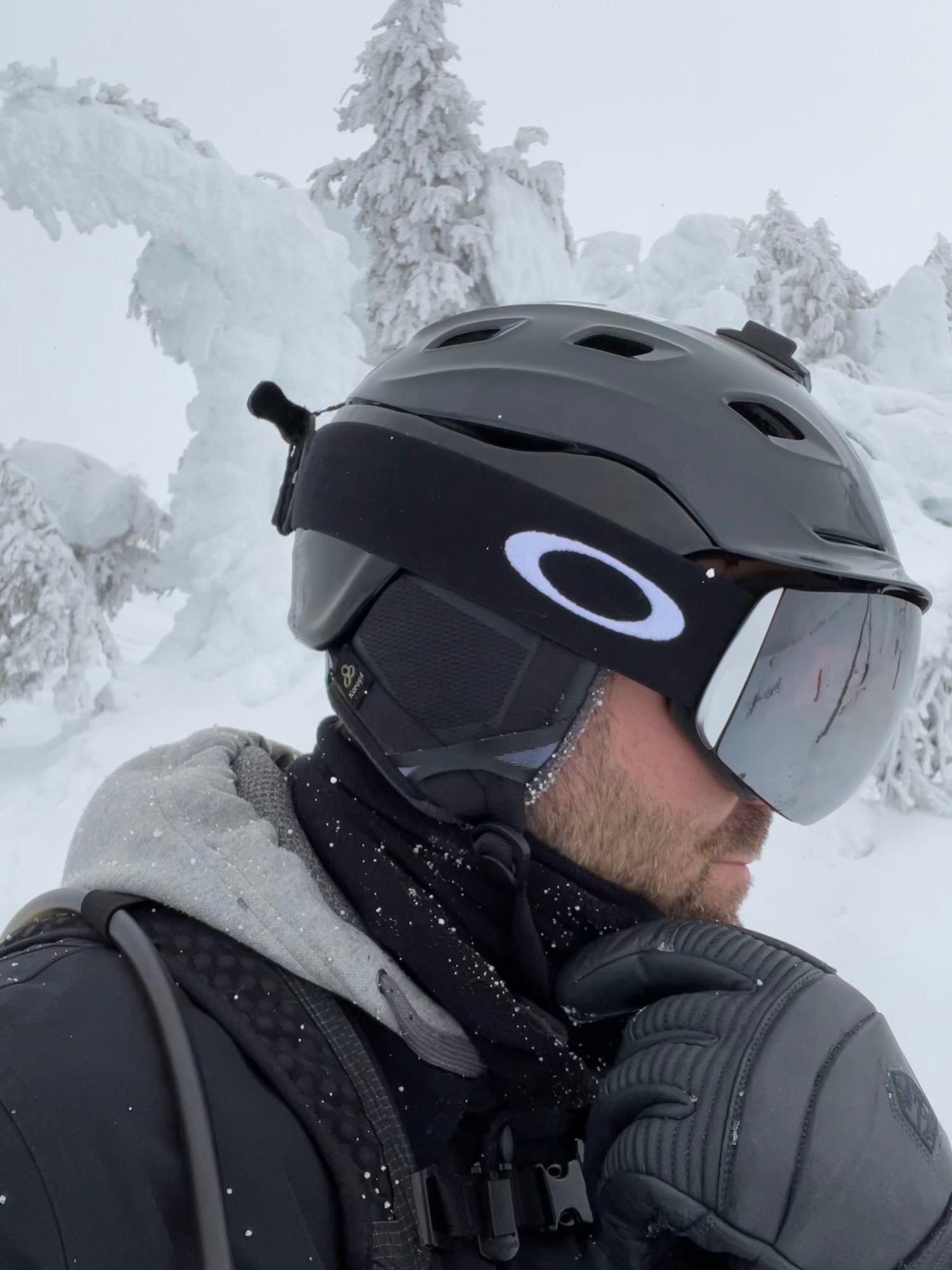 Self-portrait in a ski helmet and mirrored goggles
